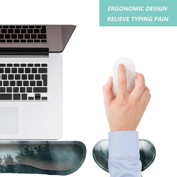 Keyboard Wrist Rest Mouse Wrist Support Set, Memory Foam Wrist Rest Pad for Computer Laptop Keyboard Mouse, Ergonomic Wrist Cushion Support for Typing Pain Relief, Gaming Home Office, Forest