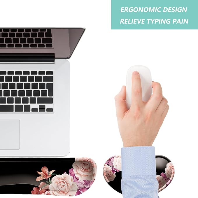 Keyboard Wrist Rest Mouse Wrist Support Set, Memory Foam Wrist Rest Pad for Computer Laptop Keyboard Mouse, Ergonomic Wrist Cushion Support for Typing Pain Relief, Gaming Home Office, Flowers Pink