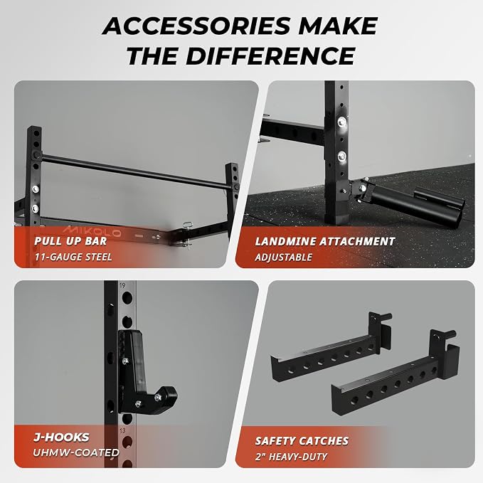 Mikolo 2" x 2" Folding Wall Mounted Squat Rack, 1000 Pounds Capacity Power Rack with Pull Up Bar, J Hooks and Other Attachments, Space-Saving Home Gym