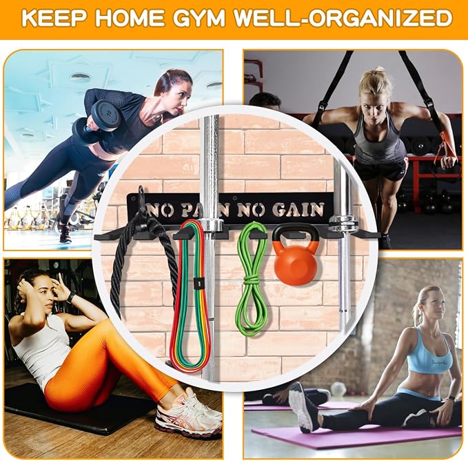 Gym Home Rack 8 Hook Heavy-Duty Wall-mounted Organizer Multi-Purpose Workout Gear Wall Hanger Storage for Resistance Bands Jump Ropes Lifting Belt Fitness Bands Barbells Carabiners Included