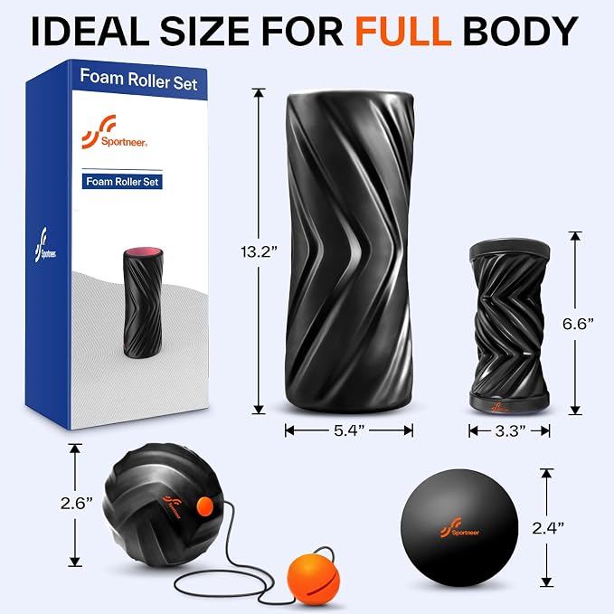 Sportneer 4 in 1 Pilates Foam Roller Muscle Relax Kit | with 2 Textured Foam Rollers Stringed Exercise Ball, Lacrosse Ball for Muscle Shoulder Back Leg Whole Body Relax Fitness Yoga