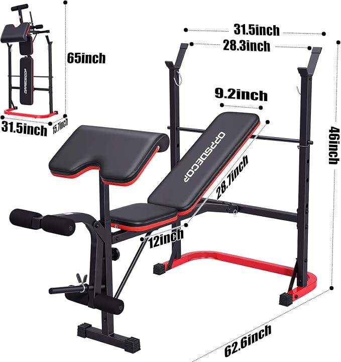 OPPSDECOR 661LBS Weight Bench Set, 8 in 1 Adjustable Bench Press with Squat Rack Leg Extension & Leg Curl Foldable Workout Bench with Safety Bar Catches Standard Weight Training Benches for Home Gym