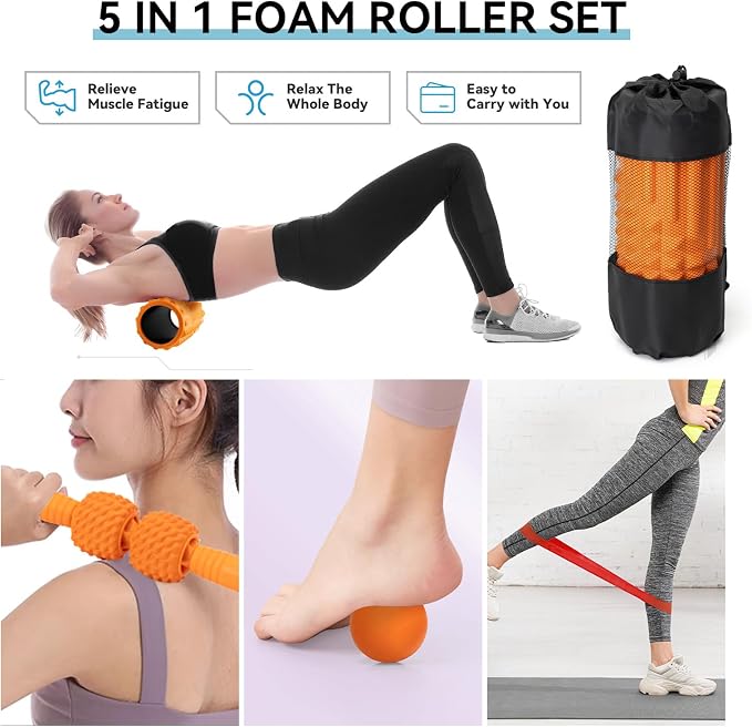 5 in 1 Foam Roller Set, High Density Patented Exercise Roller | Deep Tissue Massage Roller Stick, Massage Ball, Resistance Band for Pilates, Yoga, Whole Body Fitness Exercise, Orange