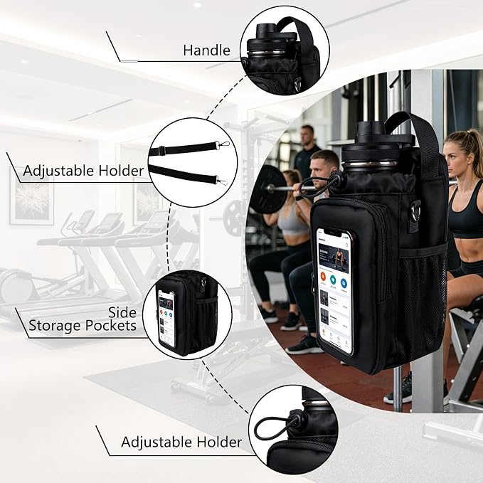 JACZZO Magnetic Gym Bag, Water Bottle Holder,Hands-Free Phone Mount,Gym Gifts for Women and Men (Black)