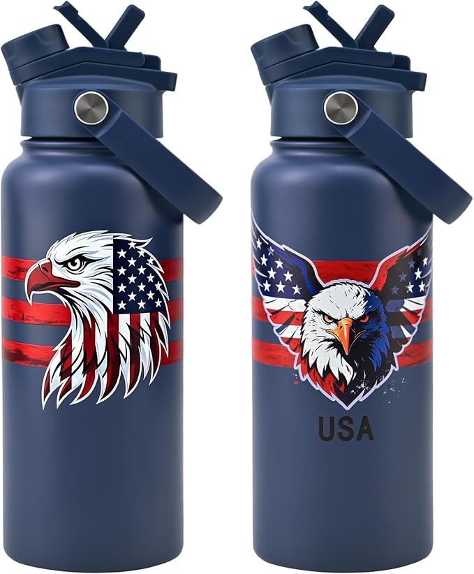 KEWIXY American Flag Insulated Water Bottle 32 oz, 2-in-1 Straw Lid, Leak Proof, Keep Cold 24H, Vacuum Travel Stainless Steel for Men Dads Grandpa, Birthday Christmas July 4th, Patriotic, USA Eagle