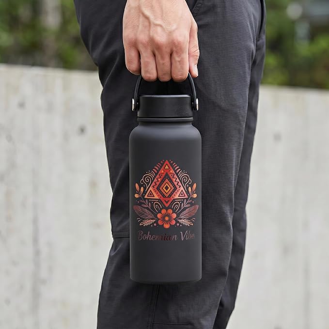 Black Insulated 32 oz Metal Leakproof Water Bottle | 1 Liters Stainless Steel Water Flask, Big Sports Travel Mens Water Bottle for Gym,Hiking,Large Thermal Bottle with 2 Lids
