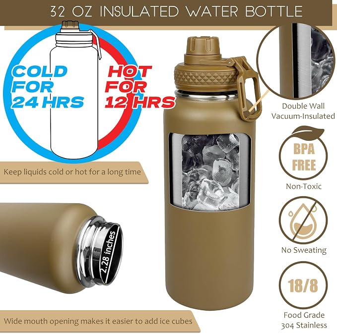 DEFUNX 32 Oz Water Bottle with Sleeve - Insulated Bottle with Strap Stainless Steel Gym Water Bottles for Men Sports Workout Hiking Khaki