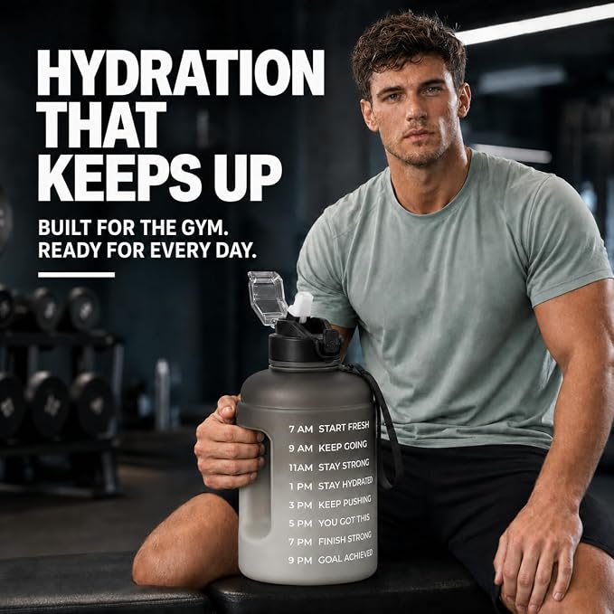 Half Gallon Water Bottle with 2 Lids,Dishwasher Safe, BPA Free,Leak Proof | 73 OZ Large Water Bottle with Straw,Shatter Resistant, Resuable,Time Marker,Big Gym Motivational Water Jug with Handle