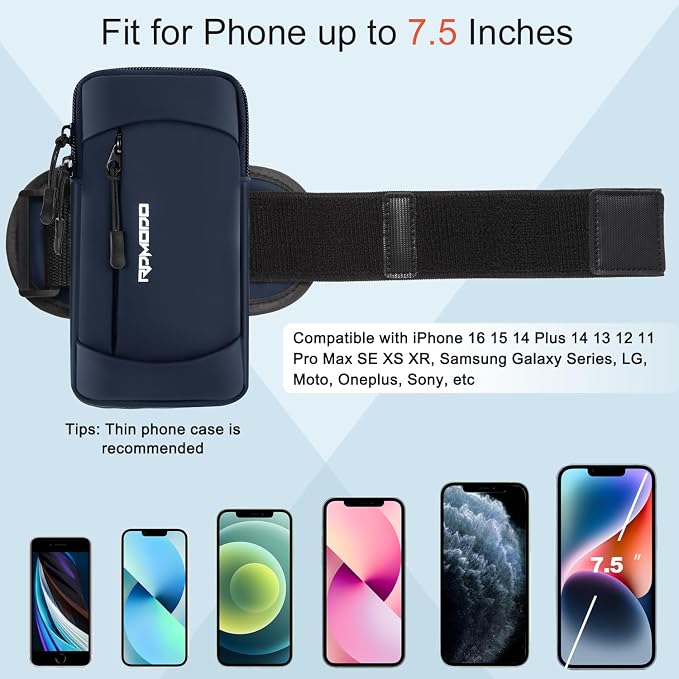 Phone Holder for Running Lightweight Armband for Men Women 7.5" Blue | 2 Pockets & Adjustable Elastic, Cell Phone Holder for iPhone Samsung Galaxy, Arm Band for Phone for Running Walking Jogging