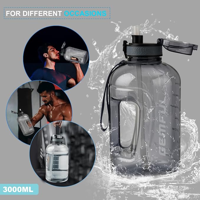 GEMFUL 3L Water Bottle with Measurements & Straw 100oz Leakproof Jug (Grey) | BPA Free, Time Marker, Wide Mouth, Sturdy Handle for Carry, for Gym, Fitness, Hiking, Office, Wome, Men