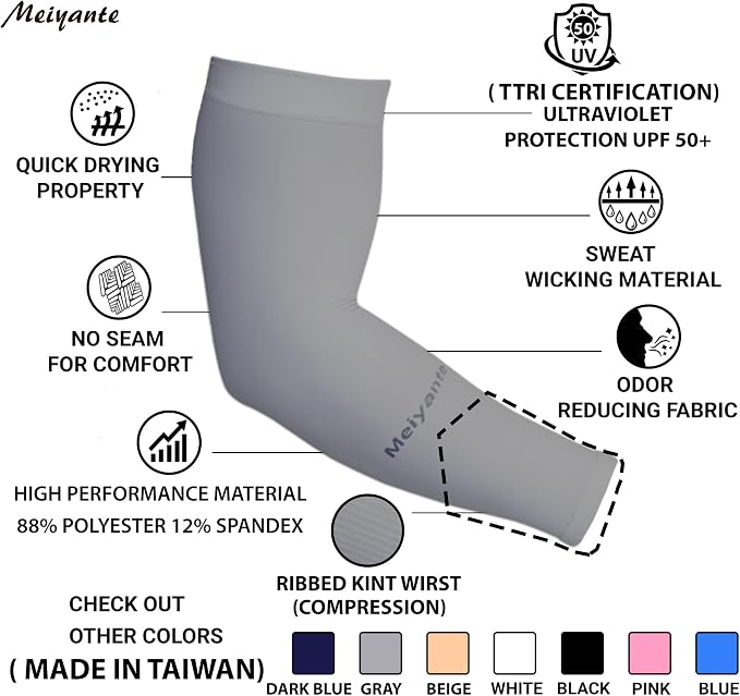 Cooling Arm Sleeves for Men & Women, UPF 50+ UV Protection | Wrist-length UPF 50+ arm sleeves for work, driving, gardening and sports; 88% nylon/12% spandex; 1 pair.