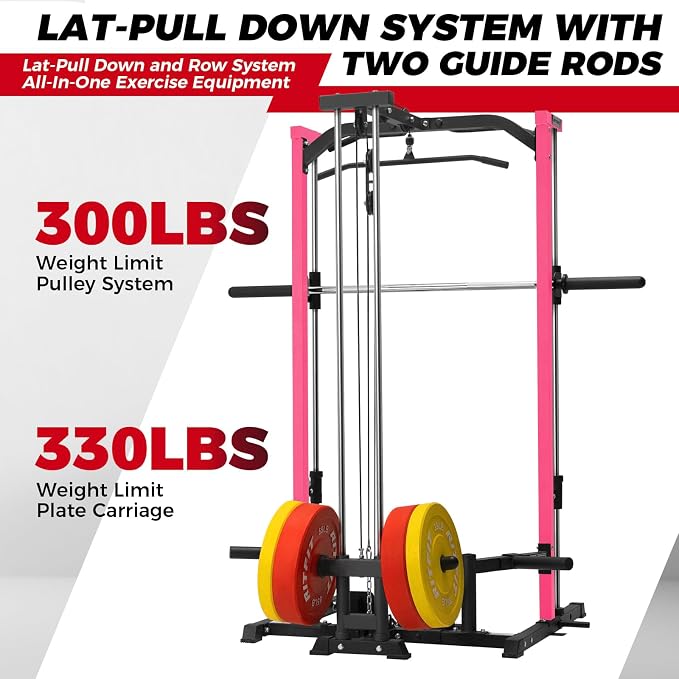 RitFit Smith Machine Power Rack with LAT-Pull Down System | Half Smith Machine with Landmine, Barbell Bar, Plate Storage Pegs and More Training Attachment