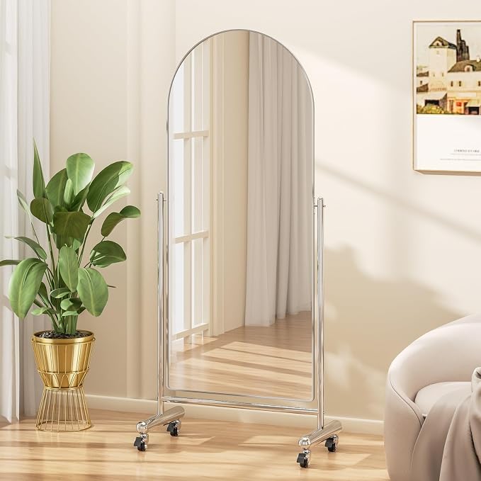 Large Arched Full Length Mirror on Wheels, Rolling Tilting Swivel Floor Mirror 65" x 23" with Tempered Glass and Metal Frame, Modern Dressing Mirror Body Mirror, Home Decor,Silver
