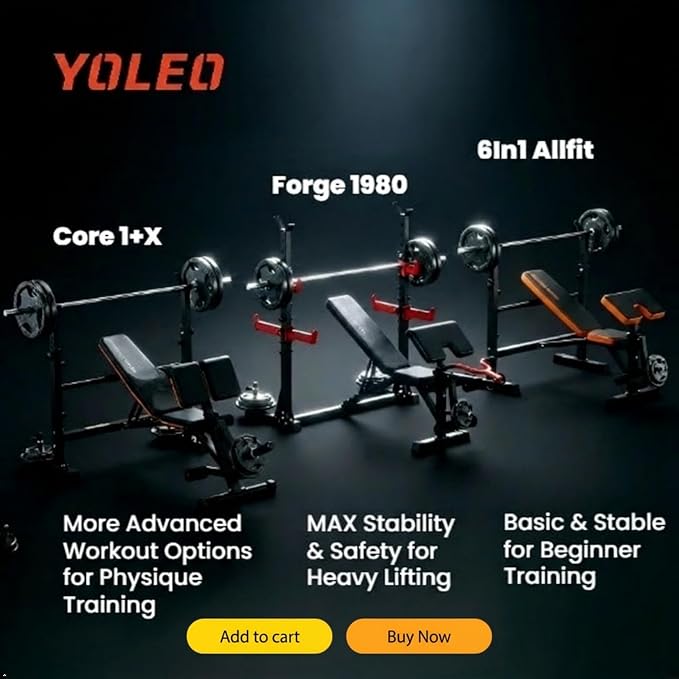 YOLEO Beginner Weight Bench Set for Home Gym, 6-in-1 Adjustable Workout Bench with Squat Rack, Foldable Full Body Fitness Equipment for Bench Press, Sit-Up & Strength Training