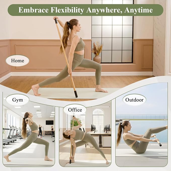 PAETA Yoga Stick for Stretching, 5ft Exercise Stick for Mobility & Flexibility, Bamboo Stretch Bar and Posture Pole with Non-Slip Grip - Includes Free Video Guide