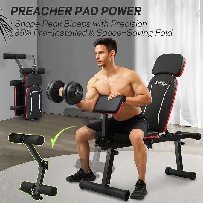 Adjustable Weight Bench with Leg Extension and Leg Curl, 1200 lbs | Foldable Workout Bench, Flat Incline Decline Design, 9 Back Positions, Preacher Pad, Full-Body Strength Training for Home Gym