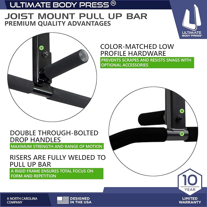 Joist Mount Pull Up Bar with Extra Hardware and Mounting Template for Easy Install to Beam or Rafter by Ultimate Body Press