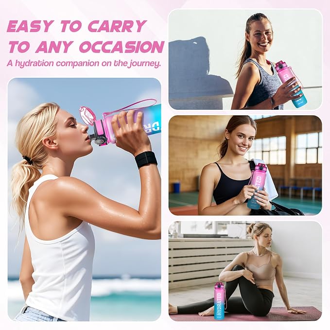 Water Bottle 32 oz Motivational Time Marker Tritan Bottle | BPA-free Tritan water bottle with time marker leakproof Lightweight portable Easy Clean Brush for Gym, Travel, School, Office