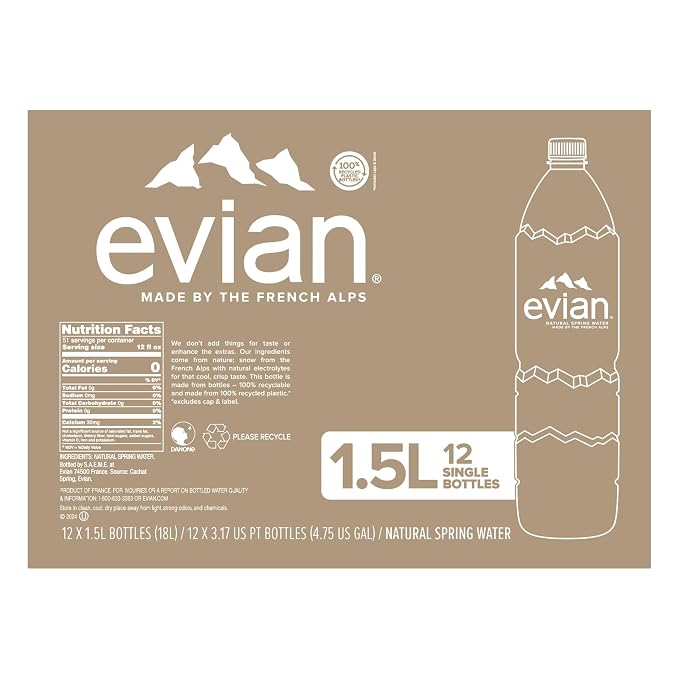 Evian Natural Spring Water, 1.5 L bottle (Pack of 12)