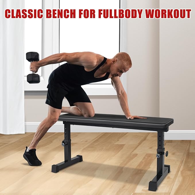Flat Weight Bench, Utility Workout Adjustable Height Weight Bench Press with Thick Cushion & Anti-slip Foot Pads, Compact Strength Training for Exercise & Fitness, Home/Gym Easy Assembly