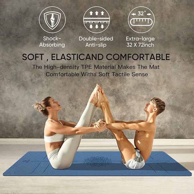 Gruper Yoga Mat Non Slip TPE Extra Wide Yoga Mat with Alignment Mark, 72"L x 32"W x 0.32"/0.24"Th (183cm x 80cm x 8mm/6mm), Anti-Tear Exercise Mat with Carrying Strap and Bag, Workout Mats for Yoga, Pilates