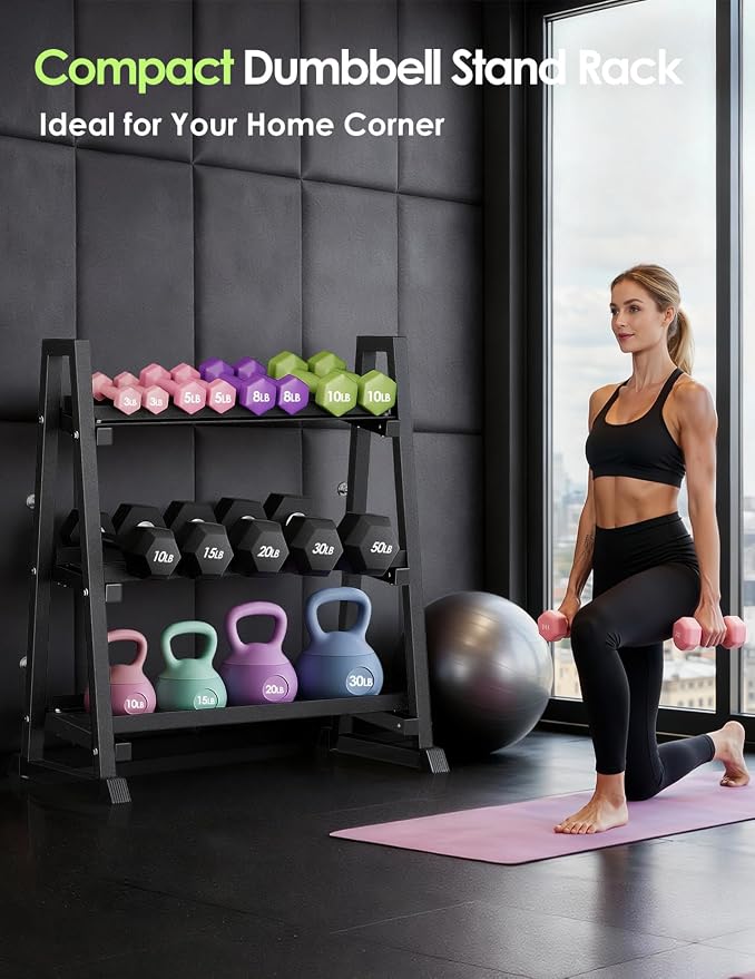 Leteuke 3 Tier Dumbbell Rack Stand Only, 1300LBS Heavy Duty | Trapezoidal Frame for Stability, Space-Saving Design; Fits Dumbbells, Kettlebells, Barbells for Home Gym