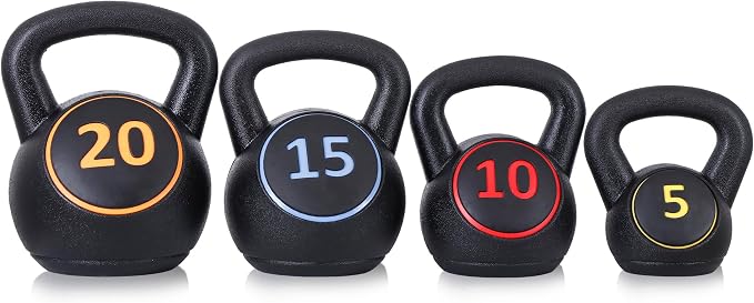 4-Piece Kettlebells Weights Set, Wide Grip Strength Training Soft Kettlebell, Exercise Fitness Concrete Weight, Full Body HIIT Workout, Weights for Women at Home 5 lbs 10 lbs 15 lbs and 20 lbs lb Dumbbells