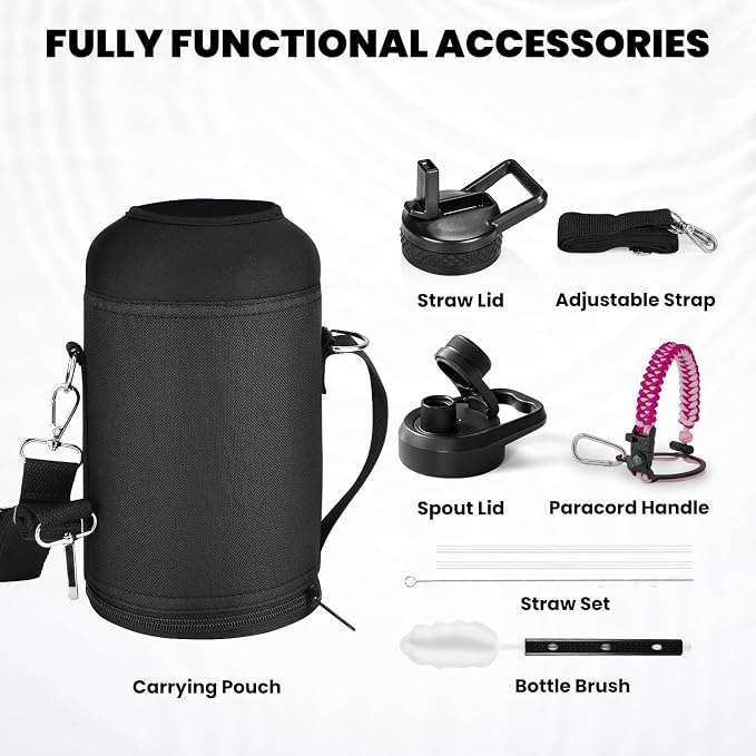 RAYMYLO Insulated Water Bottle 64 oz, Triple Wall Vacuum Stainless Steel | (Cold for 48 Hrs), Leak Proof & Non-BPA, Half Gallon Water Flask Jug with Paracord Handle & Straw Spout Lids, Ombre Pink