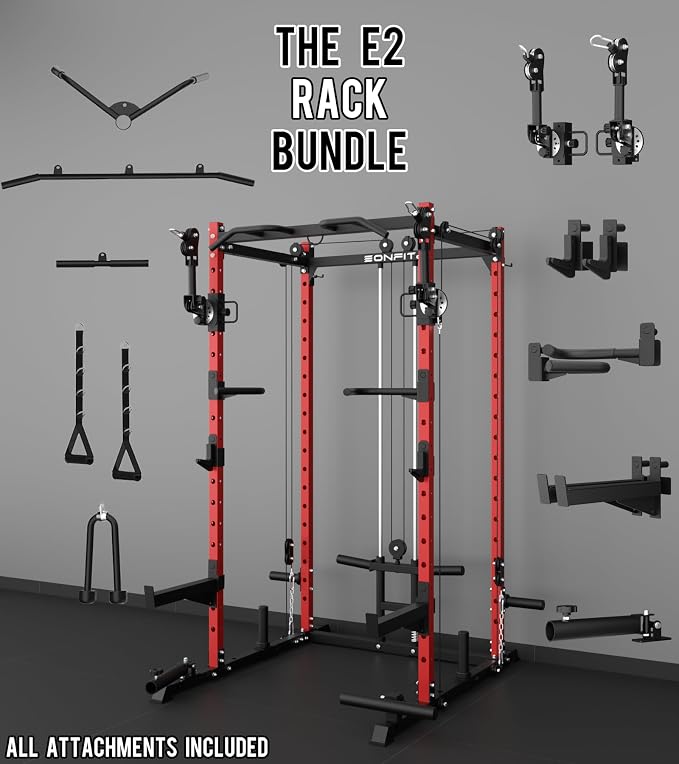 Eonfit E2 Power Rack, Squat Rack with Cable Crossover for Home Gym | Power cage with Pivot Arms Functional Trainer Pulley System Lat Pull Down For Garage Gym Strength Training