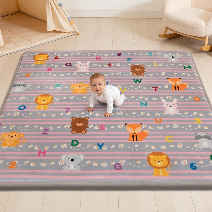 Baby Play Mat for Floor, 71'' x 59'' Thicken Foam Soft Padded Playmat for Tummy Time, Playpen Mat for Toddlers Infant Kids, Water-Repellent Coral Velvet, Non-Slip Bottom Safe for Crawling (Lion)