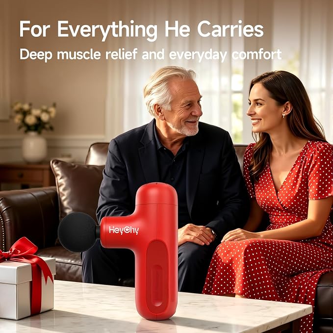 HEYCHY Super Mini Massage Gun Deep Tissue, Handheld Muscle Massager with 4 Heads, Percussion Travel Size Massager Gun FSA Eligible for Men Women Back Relief, Quiet for Home, Gym, Office, HSA, Red | 4 Heads for Back, Neck, Legs Muscle Relief, Portable f...