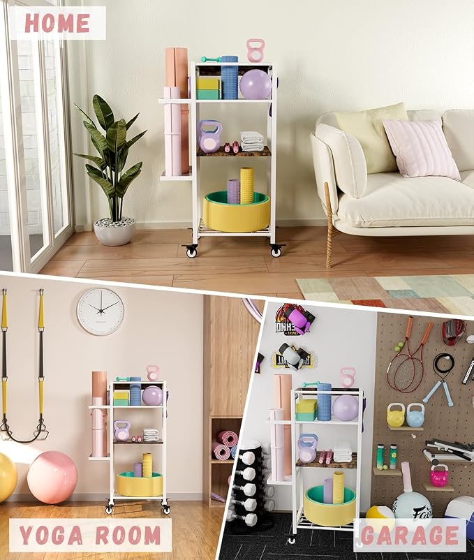 Yoga Mat Storage Rack with Wheels, 3 Tier Home Gym Workout Equipment Organizer for Dumbbells, Kettlebells, Foam Rollers