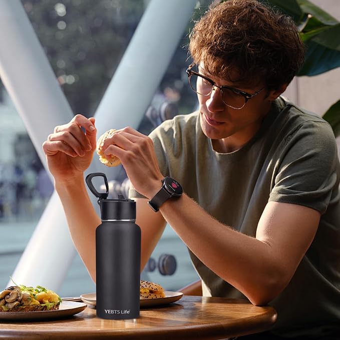 Insulated Water Bottle With Straw,32 oz Vacuum Insulated Stainless Steel Sports Water Flask,Keeps Cold and Hot,Metal Water Bottle Wide Mouth for Gym Travel Camping (Black)
