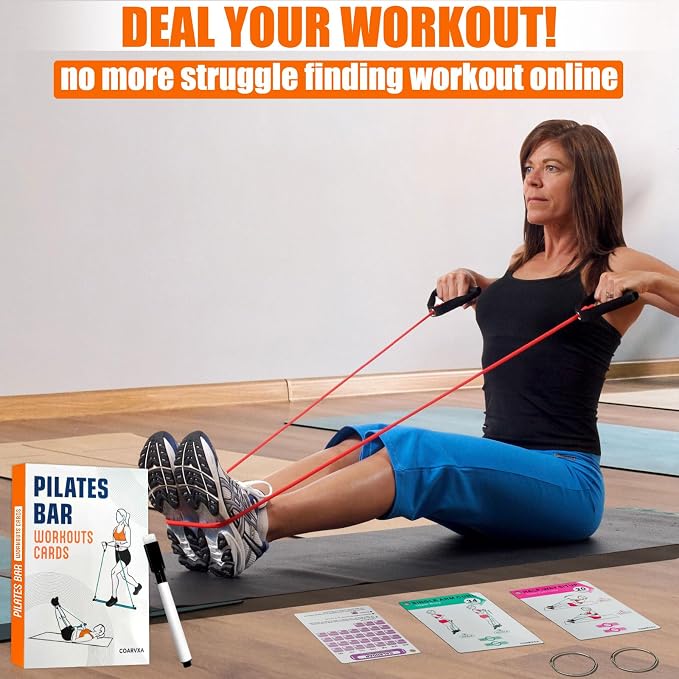 Pilates Bar Workouts for Women-58 Exercise Cards with Pilates Stick Work Out Postures,ncludes 4-Week Challenge,2 Rings& Dry-Erase for Easy Organization-Home, Gym or Studio