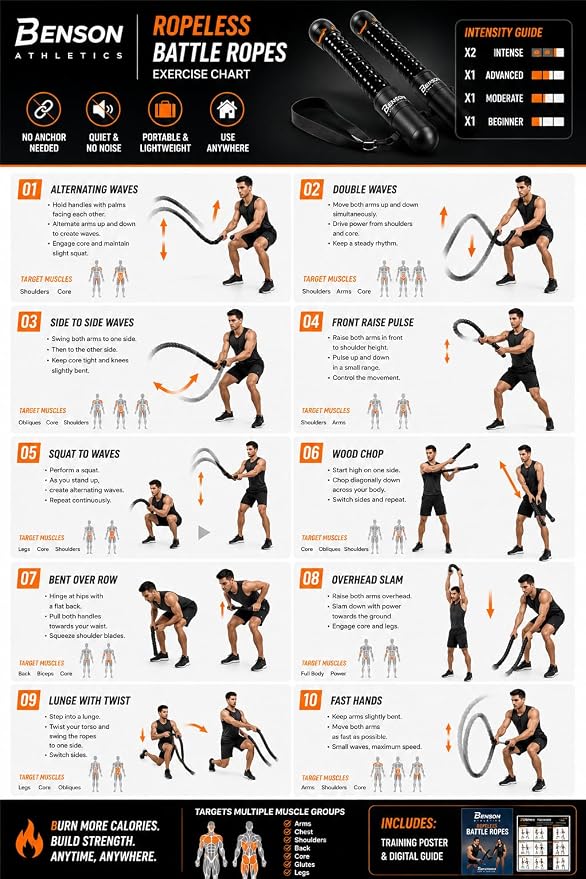 Ropeless Battle Ropes - Heavy Duty Cordless Weighted Exercise Ropes for Working Out - Home Gym Battle Rope with Training Poster