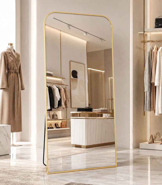 Koonmi Full Length Mirror, 65"x24" Mirror Full Length with Stand | Domed Top Square-Edged ShatterProof Floor Mirror with Gold Aluminum Alloy Frame for Bedroom Living Room Home Gym