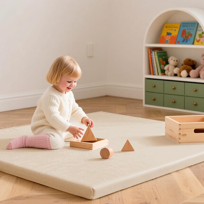 Huloo Sleep Baby Play Mat 47x47 Inches, 1.3" Thick Padded Waterproof Floor Cushion & Playpen Mat with Vegan Leather, Non-Slip & Non-Toxic Nursery Rug for Infants, Toddlers & Kids(Beige)