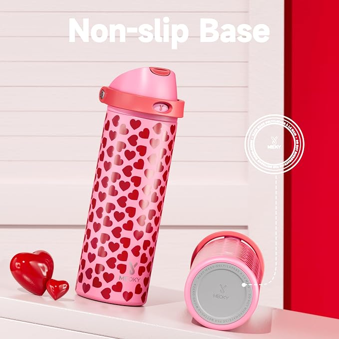 24 oz Valentine's Day Water Bottle: Meoky Stainless Steel Heart Water Bottle with 2-in-1 Straw and Spout Lid - Leak Proof, Fits in Car Cup Holder, Valentines Day for Her Women Wife Girls, Lovie