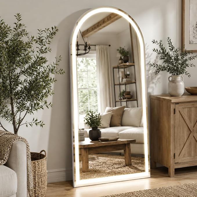LED Arched Full Length Mirror with Lights 65" x26 Aluminum Frame | Floor Mirror with Dimming & 3 Color Lighting, Standing Leaning or Hanging for Bedroom Cloakroom White