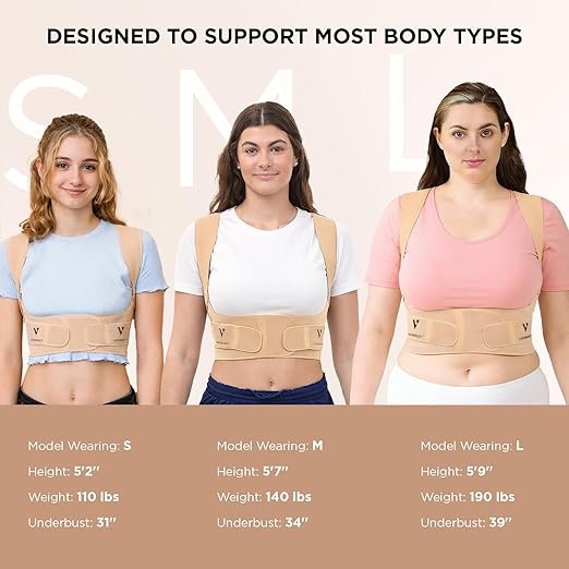 Vicorrect Adjustable Posture Corrector for Women: Invisible Under Clothes - Comfortable Back Support Bra for Upper Back Neck Shoulder Pain Relief - Ideal for Sitting Exercise Daily Wear (Beige, Large)