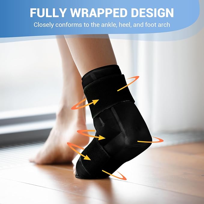 Comfytemp Ankle Foot Ice Pack Wrap for Plantar Fasciitis Relief, Feet Pain | FSA Eligible HSA, Ankles Brace Heel Wrap, Hot Cold Compress Gel Ice Bag for Injury Reusable, Achilles Tendonitis, 1pc, Black