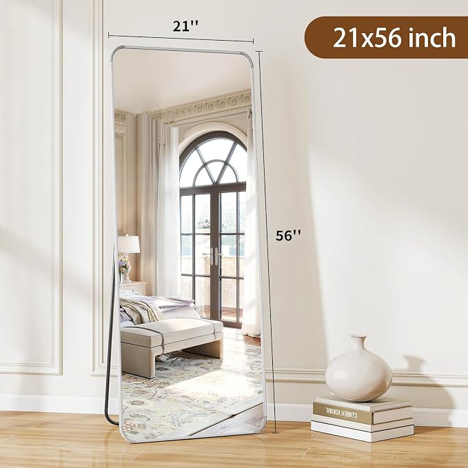 BEAUTYPEAK 56" x 21" Rounded Corner Full Length Mirror with Stand, Silver | Aluminum Alloy Frame with Standing, Leaning, or Wall-Mounted, Ideal for Bedroom, Dressing Room, Entryway, and Living Room