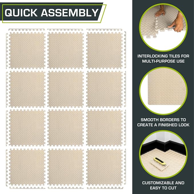 ProsourceFit Exercise Puzzle Mat 1/2-inch, EVA Interlocking Foam Floor Tiles for Home Gym, Workout Equipment, Kids Play Areas, Beige, 48 SQ FT - 12 Tiles