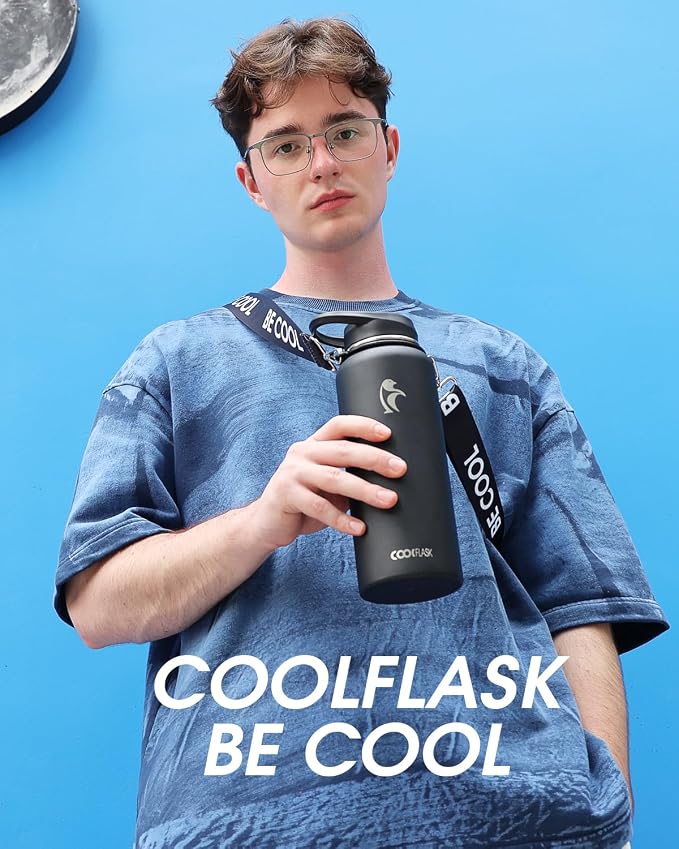 Coolflask 40 oz Water Bottle Insulated Stainless Steel with Strap | Metal Water Flask with Straw & Spout Lids, Triple-Wall, Cold 48+h, Dishwasher Safe, Leakproof, BPA-Free, for Gym & Hiking