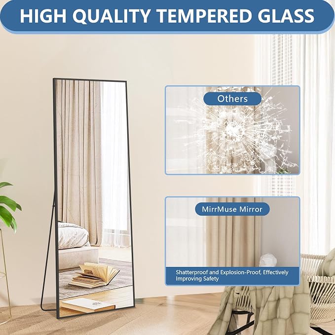 56"x18" Full Length Mirror, Black Floor Mirror with Stand | Rectangular, Hanging or Leaning Against Wall, Aluminum Alloy Frame, Tempered Glass, for Bedroom Living Room Dorm