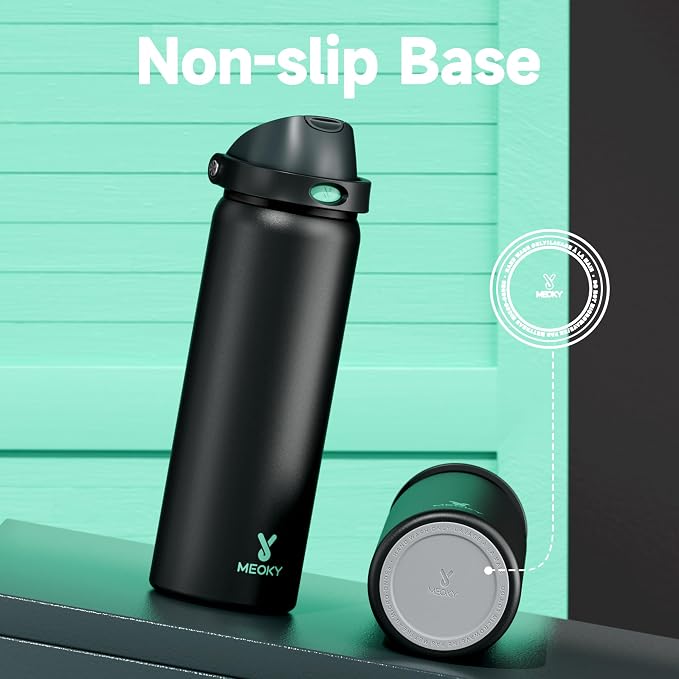 32 oz Insulated Water Bottle for Sports: Meoky Stainless Steel Water Bottle with 2-in-1 Straw and Spout Lid - Leak Proof, Cold for 24 Hours, Protective Silicone Base, BPA-Free for Gym, Foggy Tide