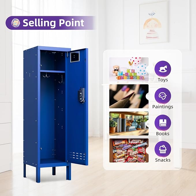 BUTISOW Metal Storage Locker with Lock & Card Slot Locker - Secure Lockable Door - Steel Locker for School, Office, Gym, Home - 54" H x 15" W x 15" D(1 Door, Blue)