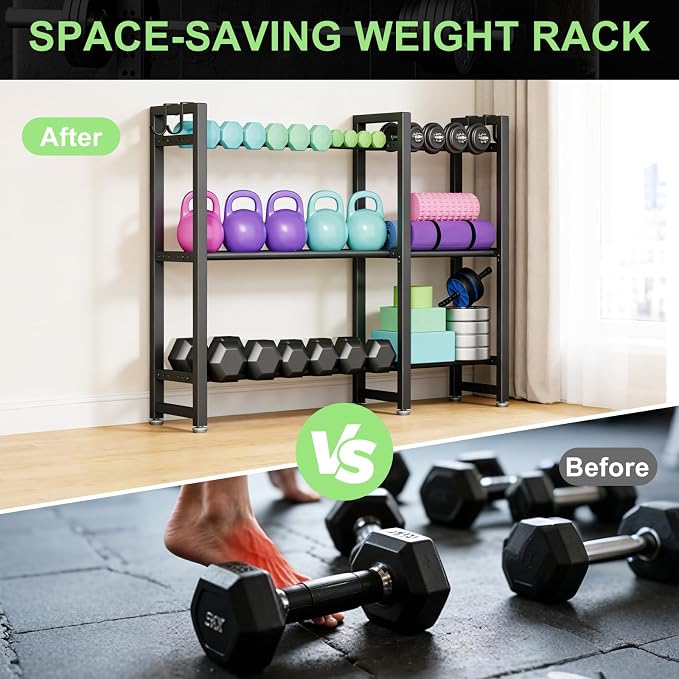 800LBS Capacity Multifunctional Home Gym Storage Rack with Side Hooks, Heavy Duty Adjustable Weight Storage Rack for Dumbbells Kettlebells Yoga Mat, Space Saving Workout Equipment Storage Organizer