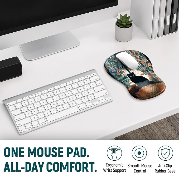 Ergonomic Mouse Pad with Wrist Rest, Gel Wrist Support, Cozy Cat | 10.2 x 7.6 in Mouse Pad with Smooth Fabric Surface and Non-Slip Rubber Base for Office, Home, Study, and Gaming