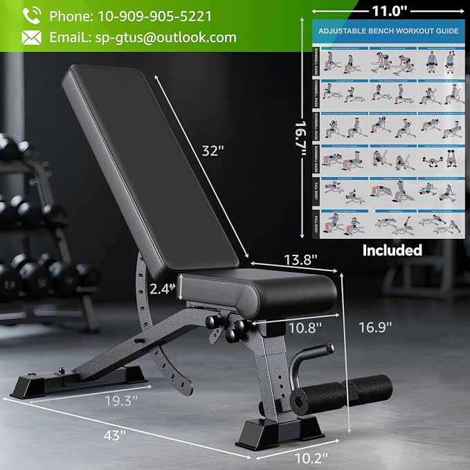 Adjustable Weight Bench for Home Gym, Heavy-Duty Incline Decline Bench with 12 Backrest Positions, 4 Seat Heights and 4 Leg Holder Settings, Commercial-Feel Strength Training Bench